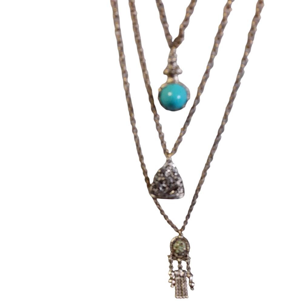 Vtg Goldette 3 Strand Faux Turquoise Fob Dangle Necklace